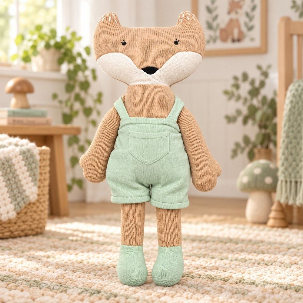 Knit Fox Fall Plush Doll Mint Green Overalls Stuffed Animal 14 Inch Home Decor